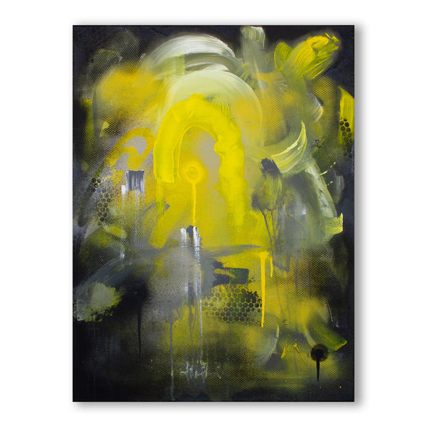 Sunrise Abstract by Shmutz, 2021 Original Abstract Painting Mixed-Media yellow, grey and black front view